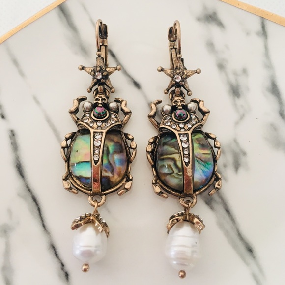 2/$25 Scarab Beetle Skull Faux Pearl Drop Earrings - Picture 2 of 8